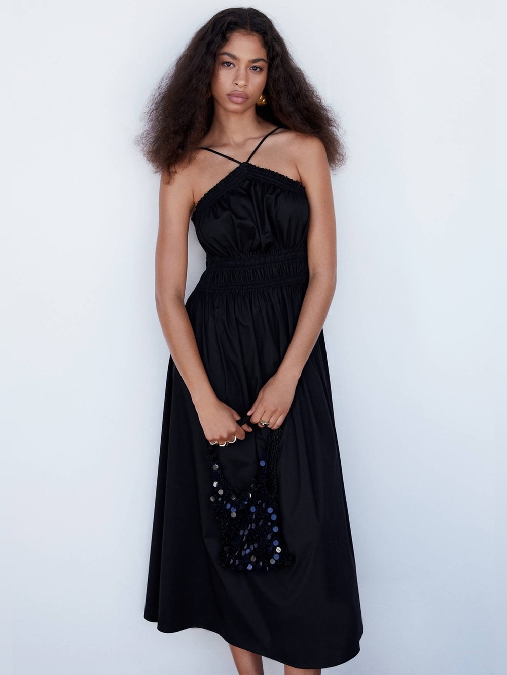MNG Black Halter Smocked Midi Dress Size L / US 8 Cotton Maxi Vacation Date Nigh